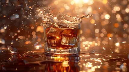 Glass of splashing whiskey or other alcohol with ice cube on night club 