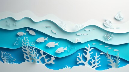 blue and white paper cutout of an ocean with fish, coral reef, vector illustration in the style of simple shapes, flat design, 