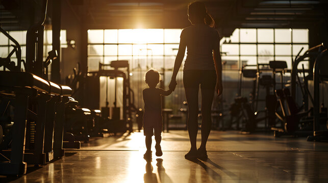 Cinematic photograph of a mother holding child hand  at the gym . Mother's Day.