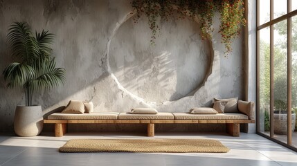   A room featuring a sofa, indoor plant, and a sizable circular artwork - obrazy, fototapety, plakaty