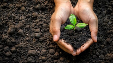 hands holding a small tree growing in the dirt, earth day background