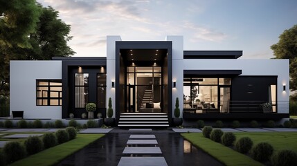Bold exterior with crisp black and white color scheme and sleek modern design details.