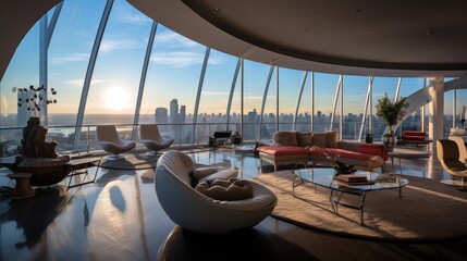 Bold high-rise penthouse with curves of glass sweeping city views and sleek modern furnishings. - obrazy, fototapety, plakaty