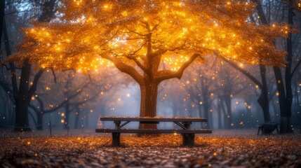   A bench under a tree in a park at night, illuminated by shining lights on the branches and leaves on the ground