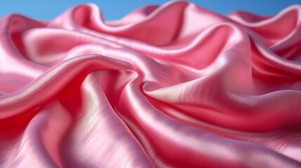 Obraz premium Close-up of pink satin fabric with blue sky background