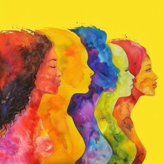 Happy international women's day concept, 8th March 2024 greeting card - Watercolor painting silhouette of beautiful women in their diversity, isolated on yellow background 