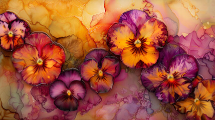 Viola flowers in vibrant hues against a floral backdrop