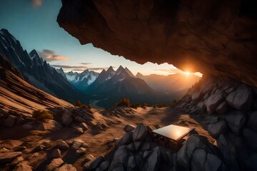 a cave with rocky mountains in background. Adventure Composite. 3d Rendering Peak. Aerial Image of landscape from British Columbia, Canada. Sunset Sky - obrazy, fototapety, plakaty