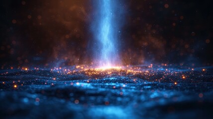  A photo of a radiant blue glow emanating from the center of a dark background, featuring a prominent beaming light source at its focal point