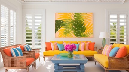 Breezy Florida beach house with louvered shutters high ceilings and bright tropical colors.
