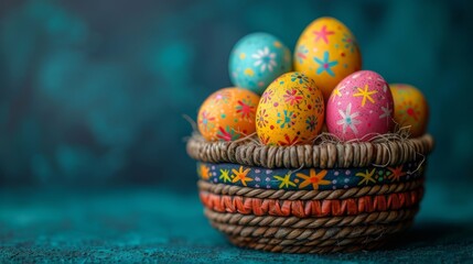   Basket full of colorful eggs on blue cloth-covered table by blue wall
