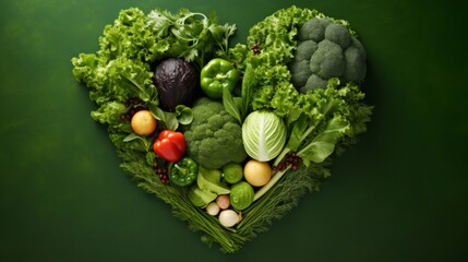 Heartshaped fresh veggies on a green backdrop 