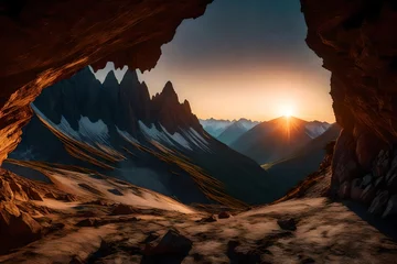 Papier Peint photo Brun a cave with rocky mountains in background. Adventure Composite. 3d Rendering Peak. Aerial Image of landscape from British Columbia, Canada. Sunset Sky