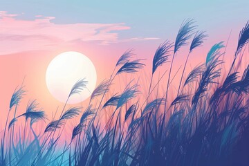 Pastel Reed Silhouettes at Dawn, Serene Landscape Background - obrazy, fototapety, plakaty