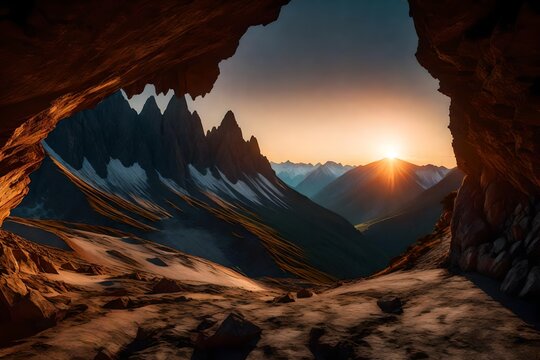 a cave with rocky mountains in background. Adventure Composite. 3d Rendering Peak. Aerial Image of landscape from British Columbia, Canada. Sunset Sky