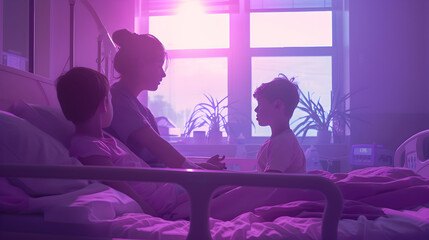 Cinematic photograph of a mother holding hand of two children  in a hospital bed . Mother's Day....