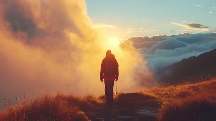 Silhouette of a person walking towards the sunset above the clouds on a mountain path.