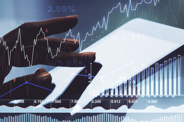 Multi exposure of abstract creative financial chart with finger presses on a digital tablet on background, research and analytics concept