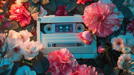 Generative AI illustration of retro music cassette covered with flowers