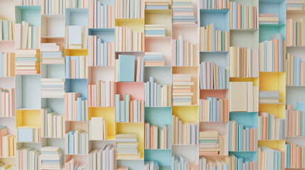 Mock-up of bookshelf with a lot of colorful pastel book spine stacking in the random shape shelves with plain cover on a bright background. New modern minimal style.