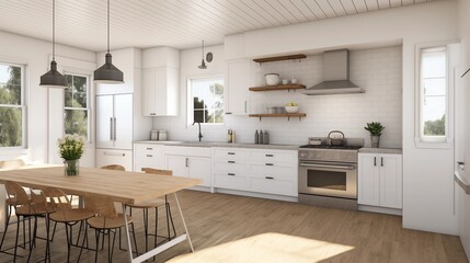 Fototapeta na wymiar Bright white modern farmhouse kitchen with flat-front cabinets apron sink and industrial accents.