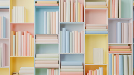 Mock-up of bookshelf with a lot of colorful pastel book spine stacking in the random shape shelves with plain cover on a bright background. New modern minimal style.