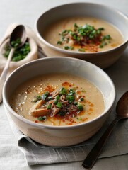 Two bowls of soup, clean and simple background