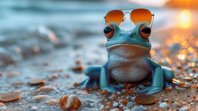   A photo of a frog wearing sunglasses on its head, with coins nearby