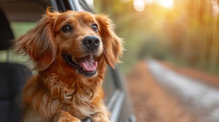   Dog peering from car window with sunlight in backdrop - obrazy, fototapety, plakaty