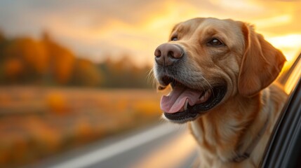   A close-up of a dog poking its head out of a car window as the sun sets in the background