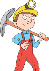 Young miners posing with a pickaxe on his shoulder and smiling happily of illustration.