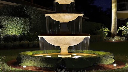 At night, there is a fountain on the lawn in the yard