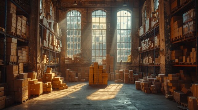   A spacious warehouse brimming with numerous boxes and towering stacked boxes in close proximity to two expansive windows, with bright sunlight filtering in