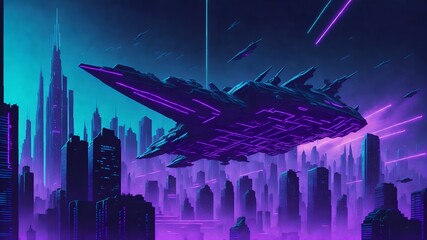  A sprawling cityscape filled with towering skyscrapers illuminated by vibrant purple and cyan neon lights.