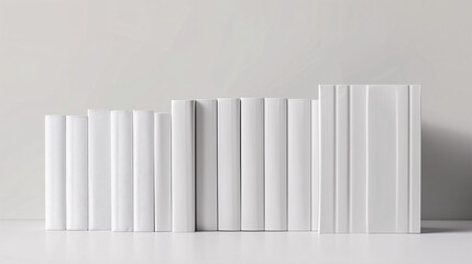 Mock-up of many book spines in various thickness and height with blank white cover on a plain gray background. New modern minimal books in edge view. - obrazy, fototapety, plakaty