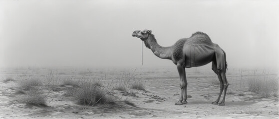a standing in the desert with a rope in its mouth