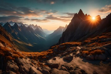 a cave with rocky mountains in background. Adventure Composite. 3d Rendering Peak. Aerial Image of landscape from British Columbia, Canada. Sunset Sky - obrazy, fototapety, plakaty
