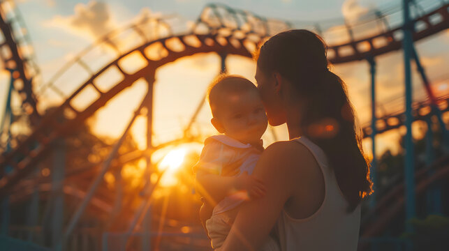 Cinematic photograph of a mother holding baby at a rollercoaster . Mother's Day.