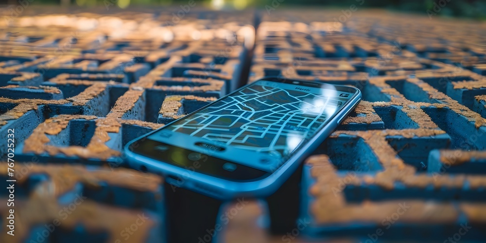 Poster smartphone navigating intricate digital maze for adventurous gps