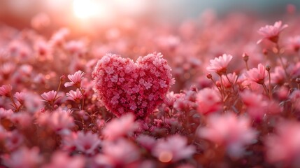 Fototapeta premium A pink flower heart in a sunlit field