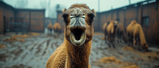 a camel that is standing in a pen with other animals