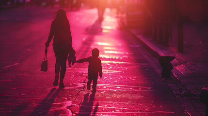 Cinematic photograph of a mother holding child hand walking on the street . Mother's Day. Pink and purple color palette.