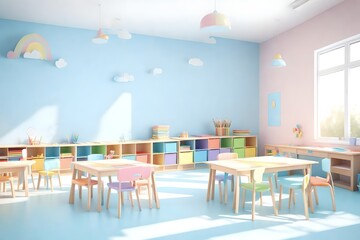 Bright Empty modern kids classroom or kindergarten room in light pastel blue rainbow colors. 3d...