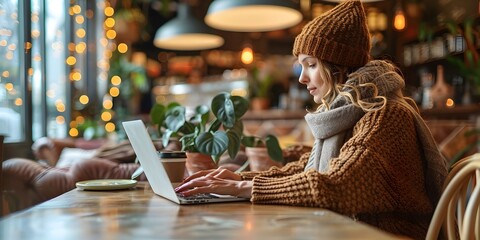 A woman dressed in warm winter attire sits at a table in a cozy cafe her laptop open in front of her The atmosphere is inviting - obrazy, fototapety, plakaty