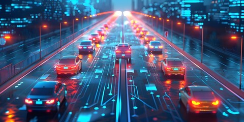 Autonomous Vehicles Navigating a Futuristic Illuminated City at Night