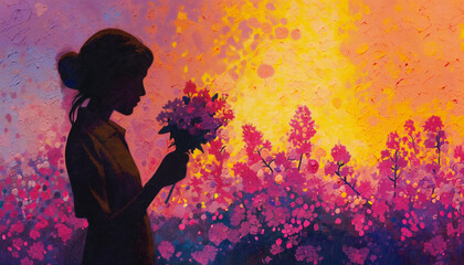Silhouetted Woman Among Vibrant Florals at Sunset Painting