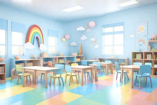 Bright Empty modern kids classroom or kindergarten room in light pastel blue rainbow colors. 3d render illustration style