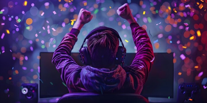 Gamer Celebrates Triumphant Virtual Achievement on Futuristic Neon Lit Display