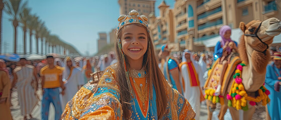 a dressed in a colorful outfit with a camel in the background