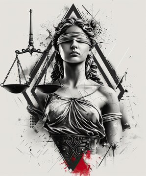 black and white drawing of the goddess justice with scales, tattoo design on triangle shape